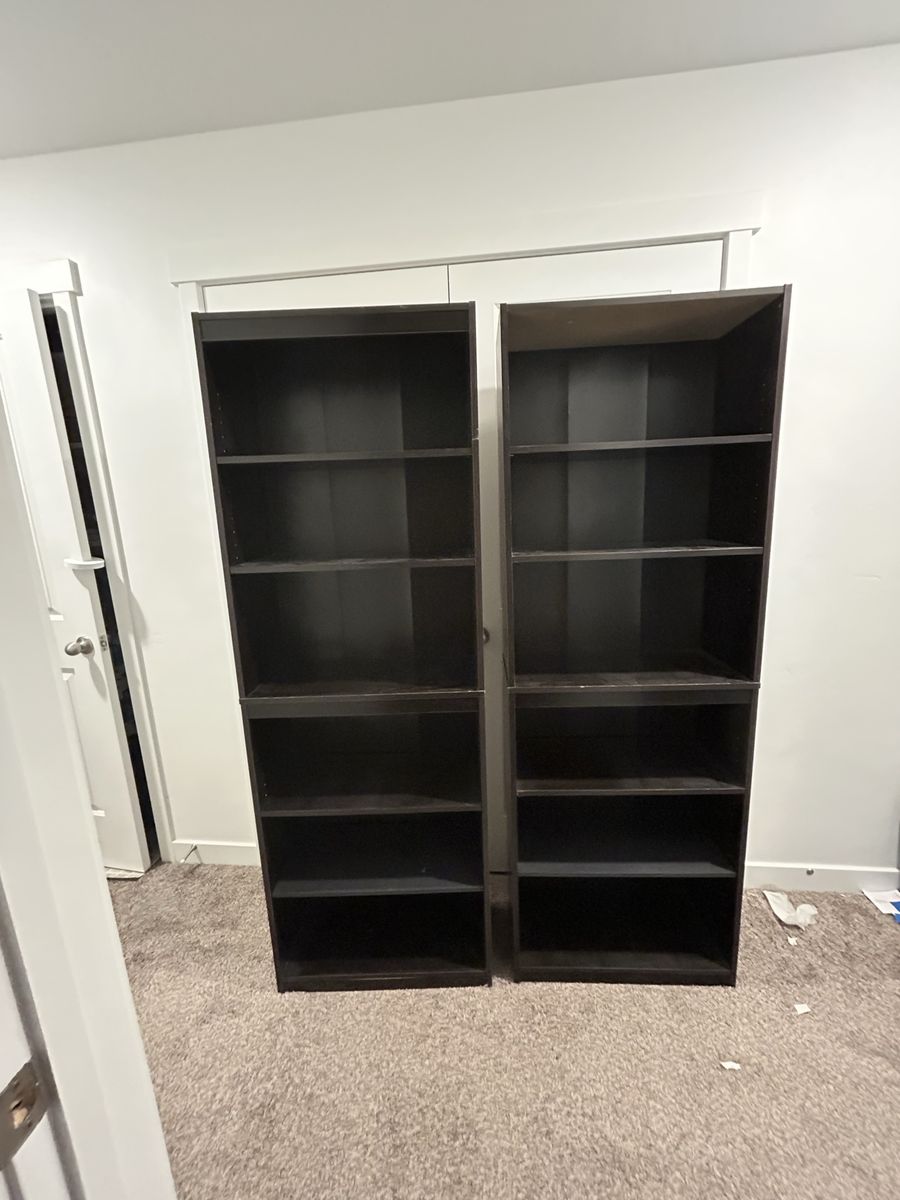 Pair of Dark Wood 5-Shelf Bookcases - Versatile Storage Units