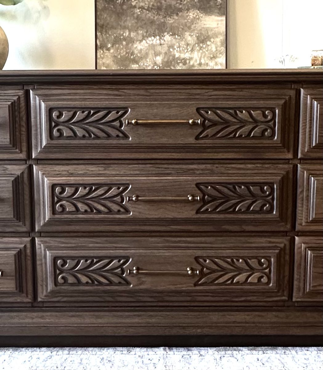 Vintage Dark Wood 9-Drawer Dresser with Ornate Carved Details & Brass Pulls