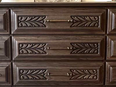 Vintage Dark Wood 9-Drawer Dresser with Ornate Carved Details & Brass Pulls