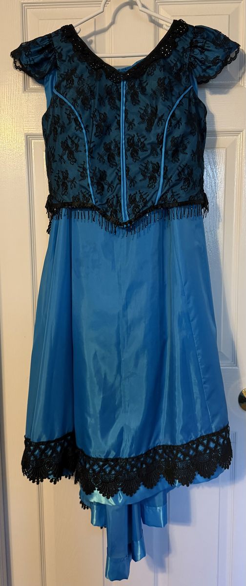 Teal Blue Satin & Black Lace Costume Dress w/ Beaded Trim & Cropped Top | Women's Size M/Lg