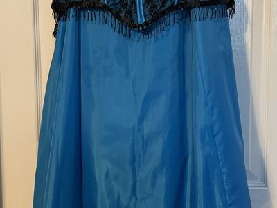 Teal Blue Satin & Black Lace Costume Dress w/ Beaded Trim & Cropped Top | Women's Size M/Lg