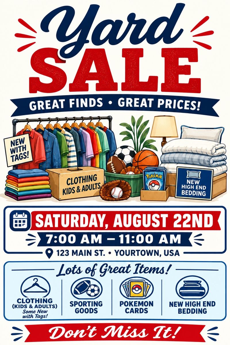 Multi-Family Yard Sale Saturday - Clothing, Sporting Goods, Pokemon Cards & Bedding