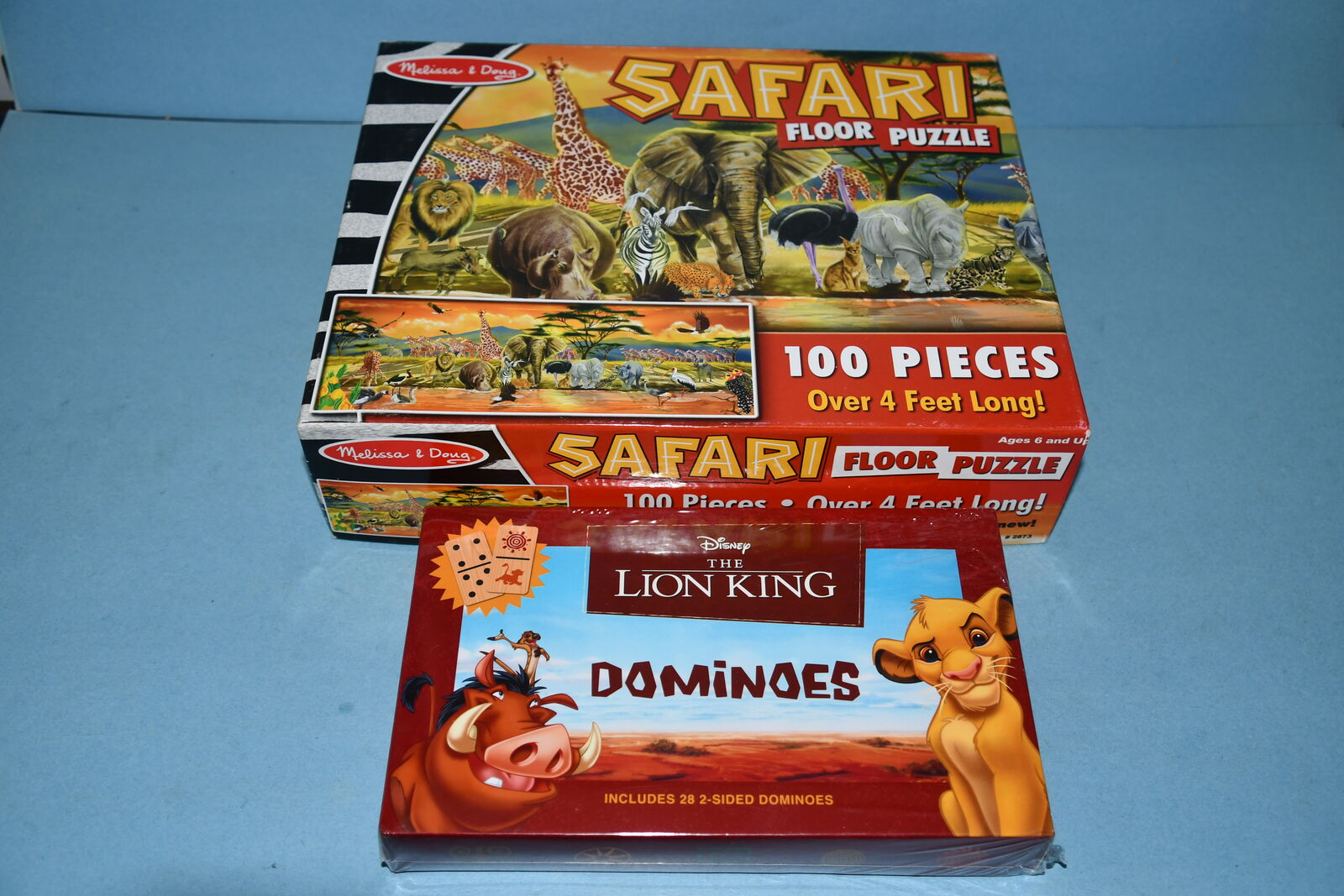 MELISSA & DOUG "SAFARI" 100 PIECE FLOOR PUZZLE + NEW, SEALED LION KING "DOMINOES" ~ BOTH FOR $5