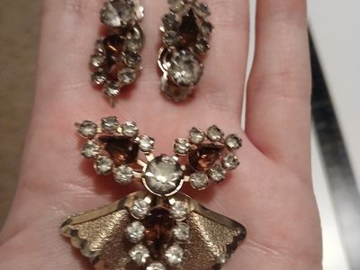 Rhinestone Brooch and Clip-On Earrings Matching Set