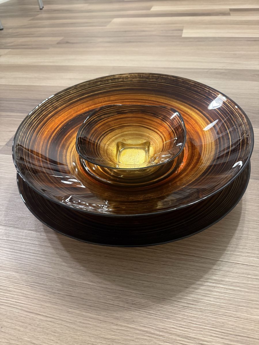 Decorative Glass Serving Set - 3 Piece (18” bowl, 18” plate, 8” bowl)- Swirl Design, Gold, Orange, Black