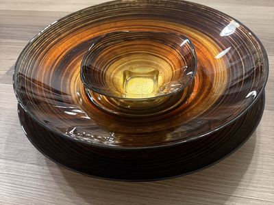 Decorative Glass Serving Set - 3 Piece (18” bowl, 18” plate, 8” bowl)- Swirl Design, Gold, Orange, Black