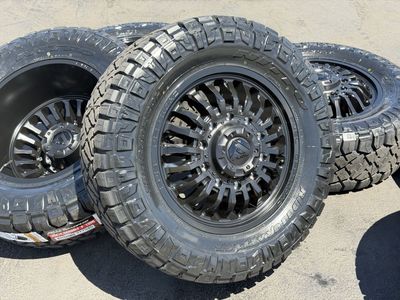 6 New Dually 10 lug DRW 10x225 Fuel Arc Black 35x12.50r20 Nitto Ridge Grappler Ford F450 F550 Ram 4500 5500 wheels and tires 10