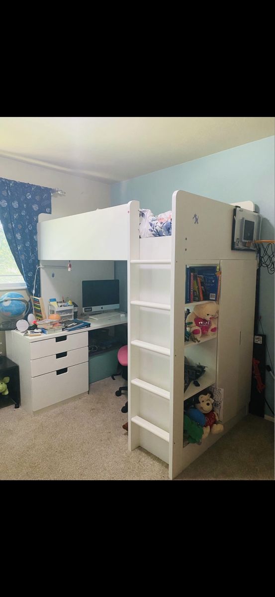 White Loft Bed with Desk and Storage - Space-Saving Solution for Kids/Teens