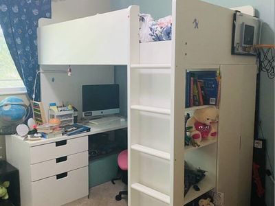 White Loft Bed with Desk and Storage - Space-Saving Solution for Kids/Teens
