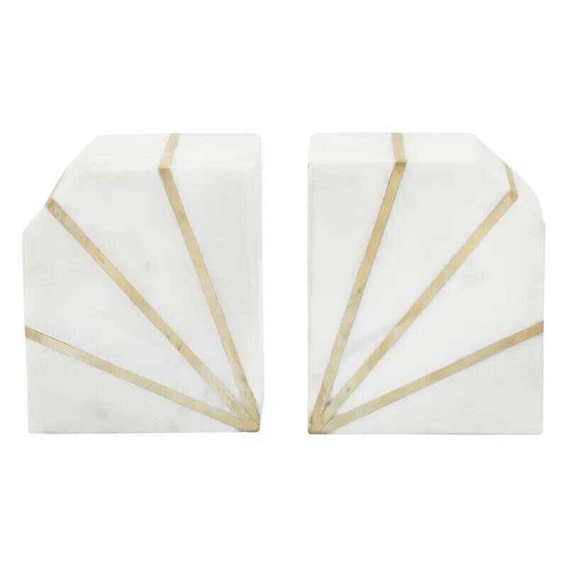 2-Piece Modern Marble Bookends with Gold Inlay