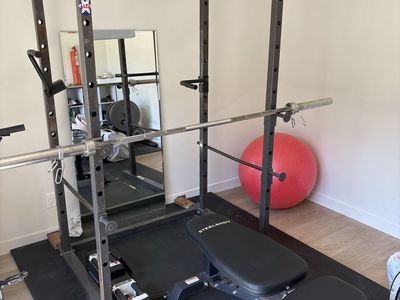 Squat Rack, Bench, Weights