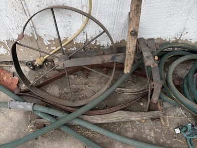 Antique Farm Implement Wheel & Parts - Rustic Metal Garden Decor