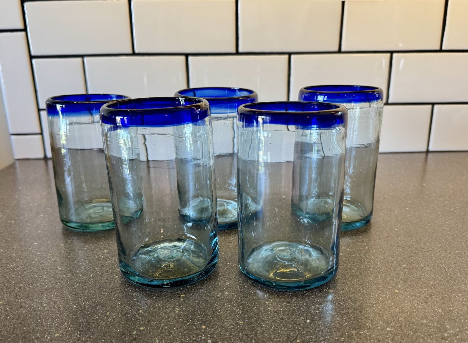Set of 5 Hand Blown Blue Rim Drinking Glasses 16 oz