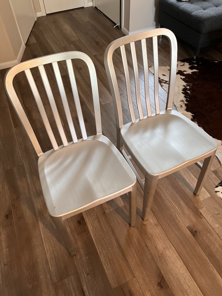 Crate and Barrel Pair of Brushed Aluminum Industrial Navy-Style Dining Chairs