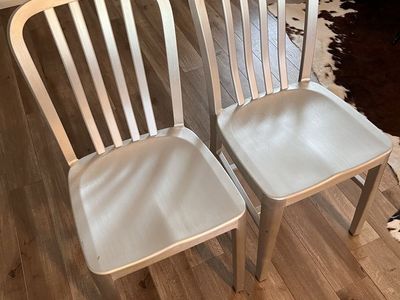Crate and Barrel Pair of Brushed Aluminum Industrial Navy-Style Dining Chairs