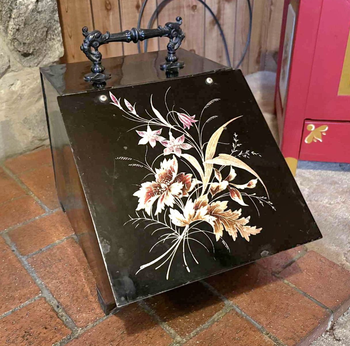 Vintage Black Metal Coal Hod Scuttle with Floral Decal and Handle