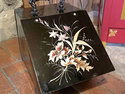 Vintage Black Metal Coal Hod Scuttle with Floral Decal and Handle