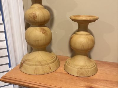 Pair of chunky wood candlesticks 9” and 10”. Located in Murray cash/Venmo. Venmo to hold