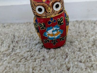 VINTAGE CLOISONNE BRASS ENAMEL OWL DOUBLE SIDED TRINKET BOX