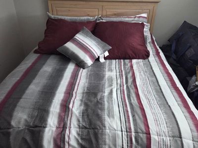 queen Size Wooden Headboard, Mattress, & Box Spring with Striped Bedding Set