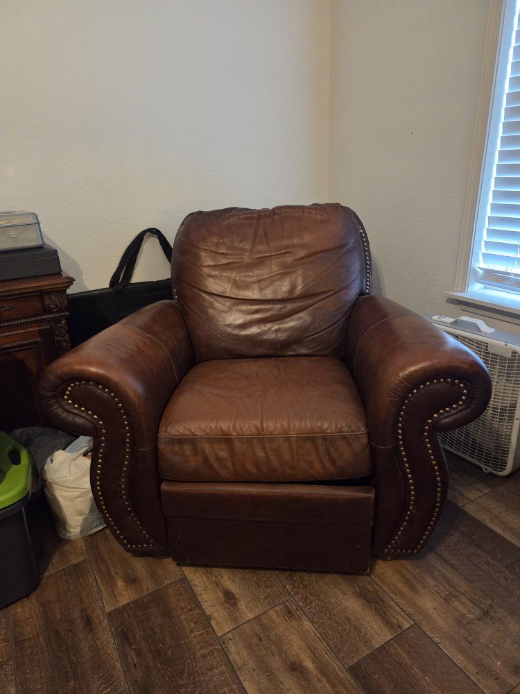 Brown Leather Recliner Armchair with Nailhead Trim - Used