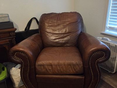 Brown Leather Recliner Armchair with Nailhead Trim - Used