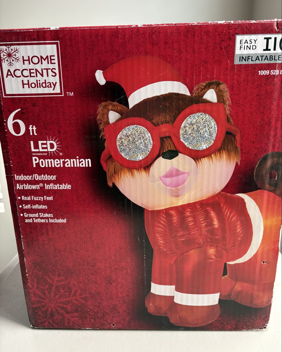 New Christmas 6ft LED Airblown Inflatable Pomeranian Dog with Santa Hat Outfit Sunglasses Shaggy Hair Fuzzy Feel never opened