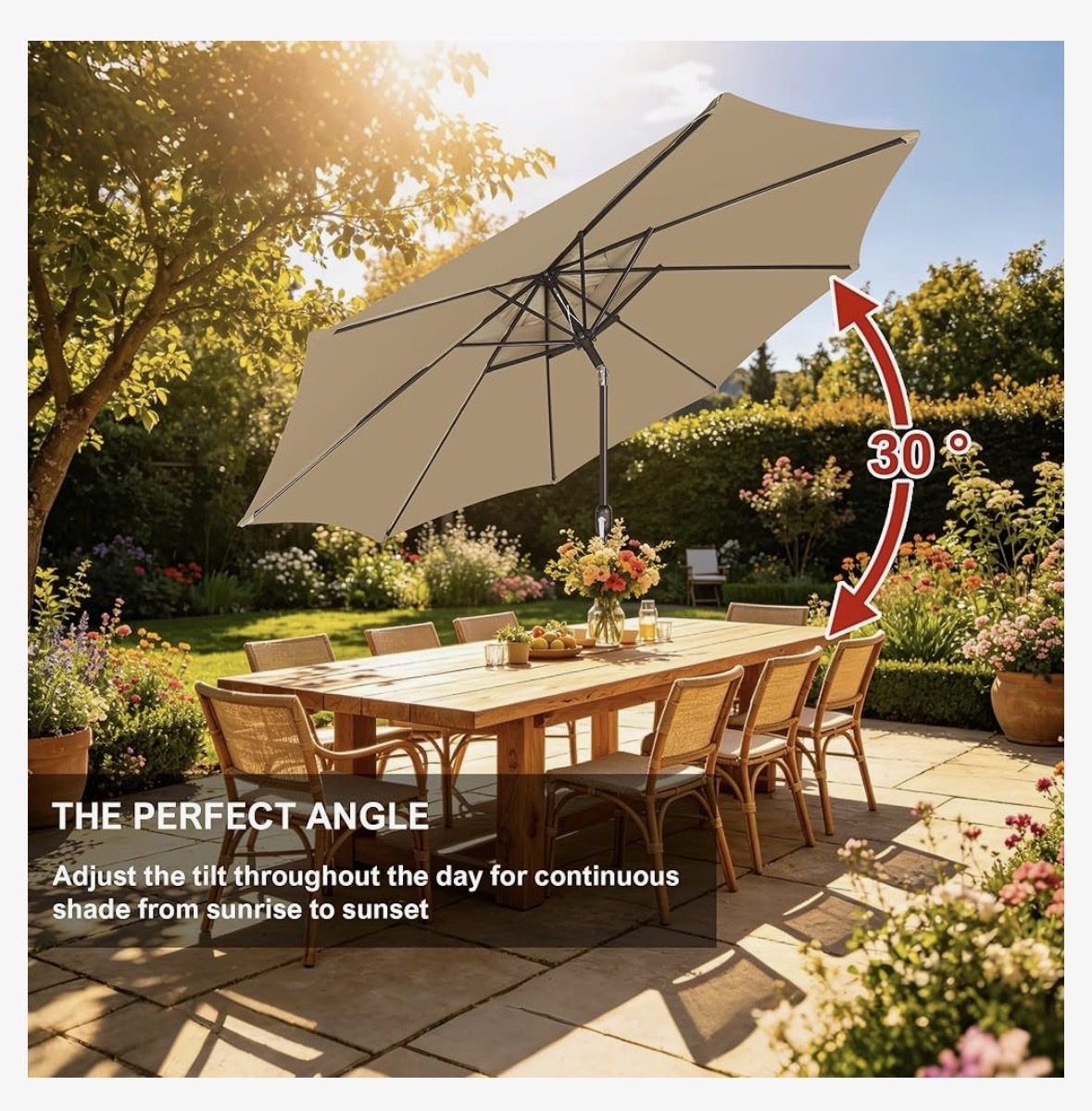 9’ Beige Outdoor Patio Umbrella with Tilt Function, Air Vent, and Strap Closure,