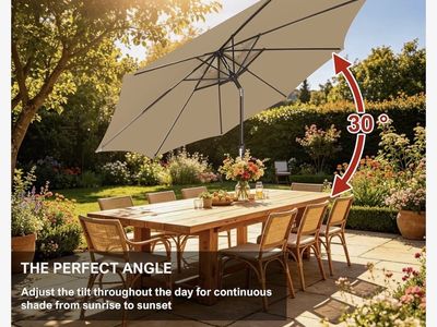 9’ Beige Outdoor Patio Umbrella with Tilt Function, Air Vent, and Strap Closure,