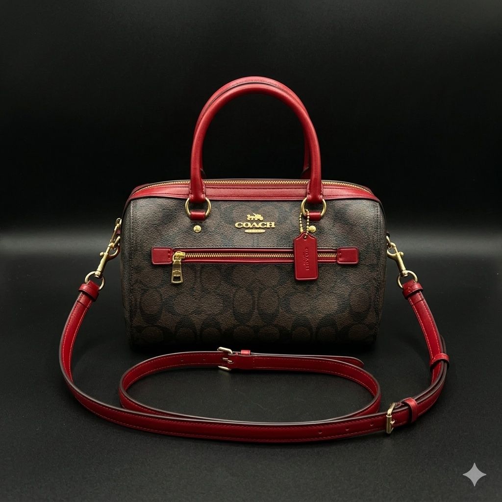 Coach Signature Brown and Red Leather Satchel Crossbody Bag