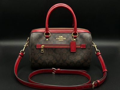 Coach Signature Brown and Red Leather Satchel Crossbody Bag