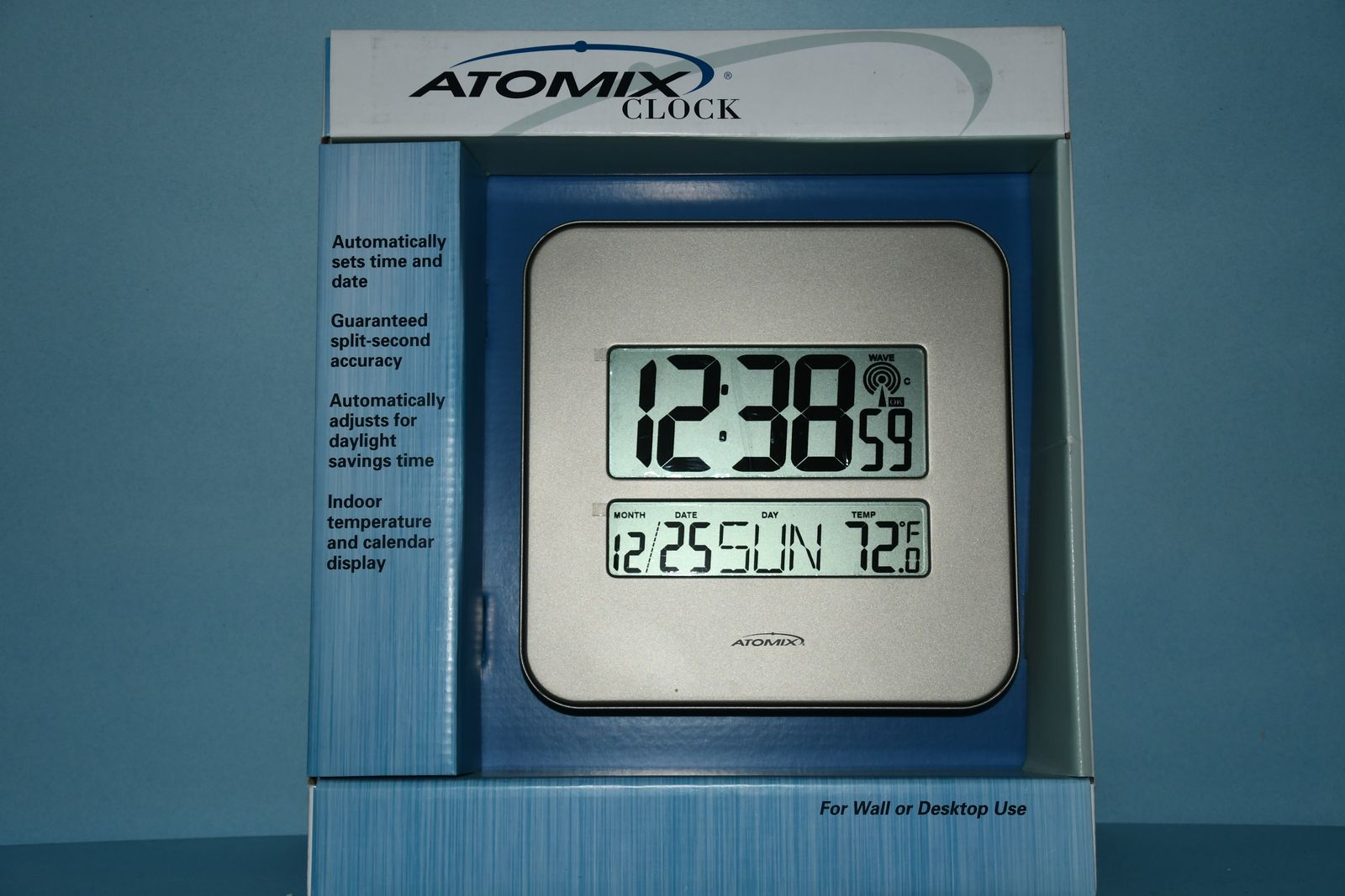 NIB ATOMIX CLOCK ~ 8" x 8" ~ BRUSHED SILVER ~ ATOMATICALLY SETS TIME & DATE ~ WALL or DESKTOP