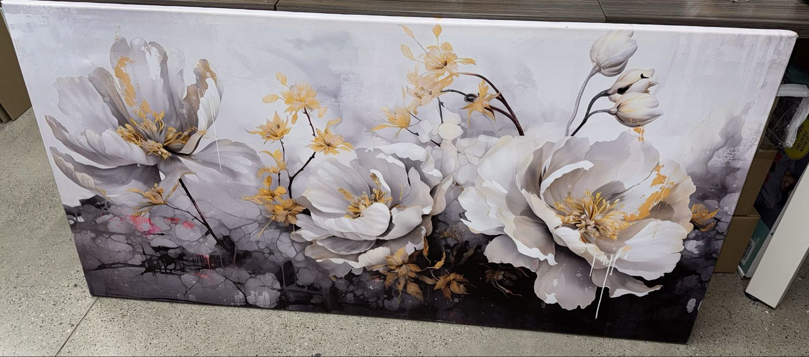 Large Floral White Black and Gold Canvas
