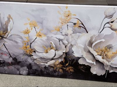 Large Floral White Black and Gold Canvas