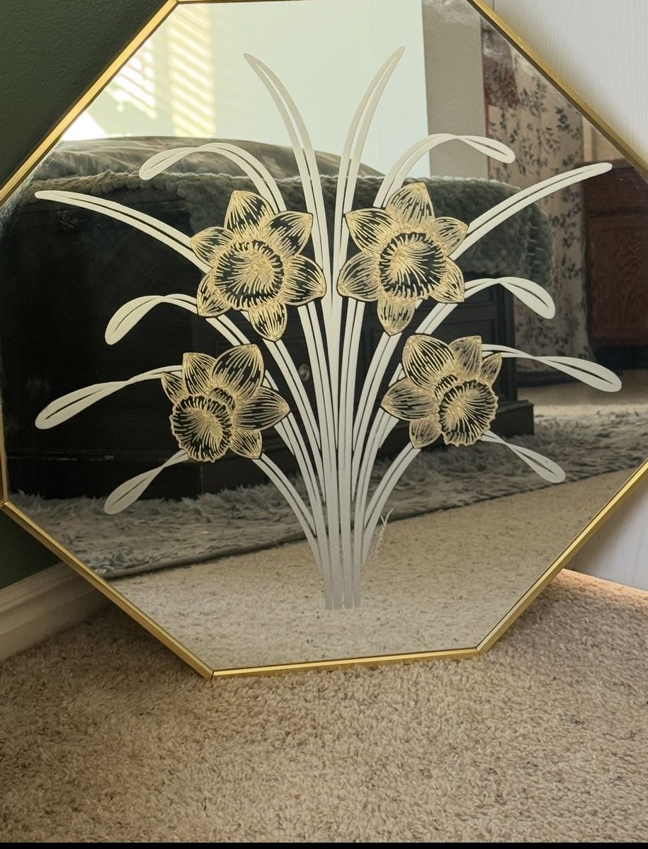 Vintage Octagon Beveled Gold Frame Mirror with Etched Floral Daffodil Design