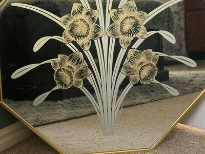 Vintage Octagon Beveled Gold Frame Mirror with Etched Floral Daffodil Design