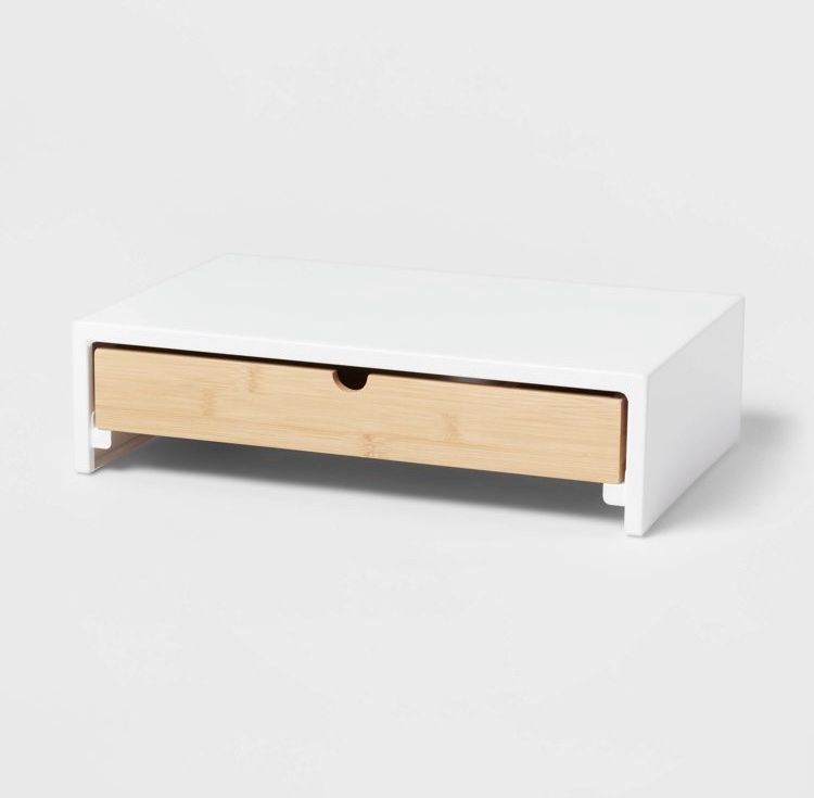 White Monitor Stand Riser with Bamboo Drawer - Desk Organizer