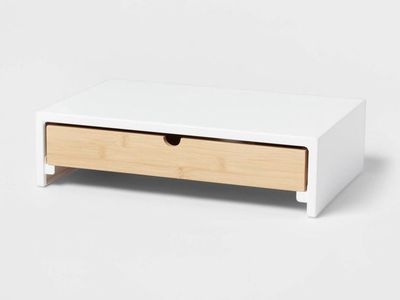 White Monitor Stand Riser with Bamboo Drawer - Desk Organizer