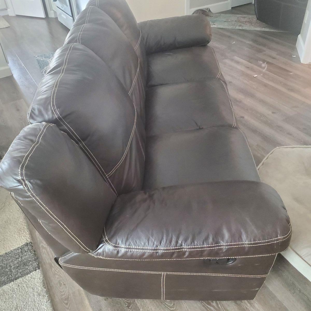 Dark Brown Leather Reclining 3-Cushion Sofa Couch with Contrast Stitching
