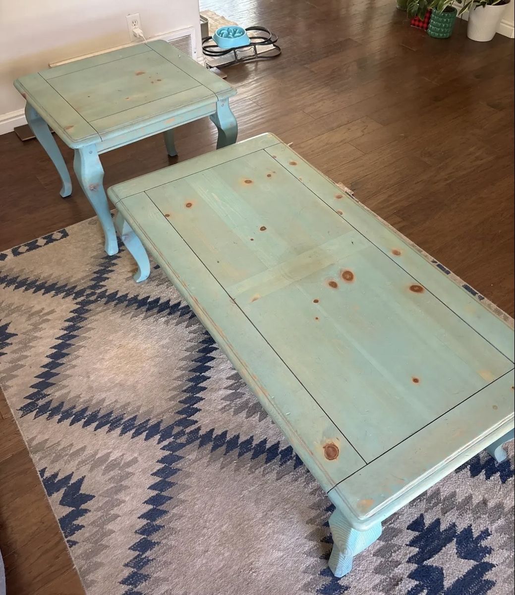 Distressed Light Blue Wooden Coffee Table and Matching End Table Set