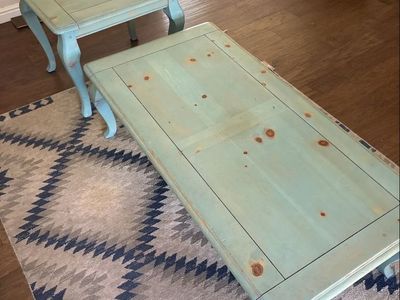 Distressed Light Blue Wooden Coffee Table and Matching End Table Set