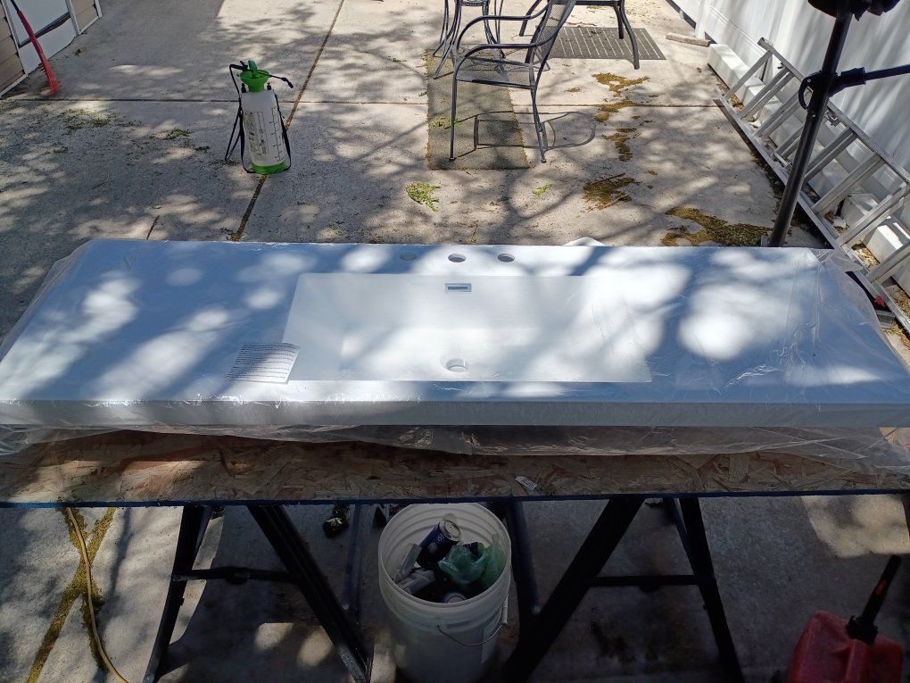 one piece white vanity top with sink