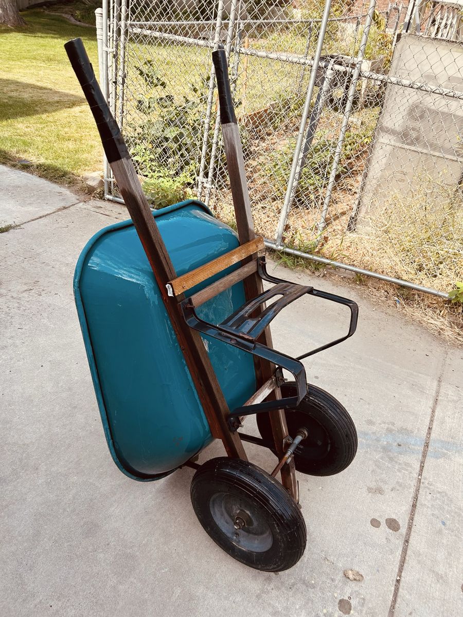 Heavy Duty 2-Wheel Garden Wheelbarrow - Teal Steel Tub, Wooden Handles