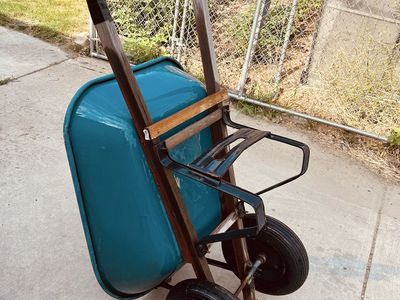Heavy Duty 2-Wheel Garden Wheelbarrow - Teal Steel Tub, Wooden Handles