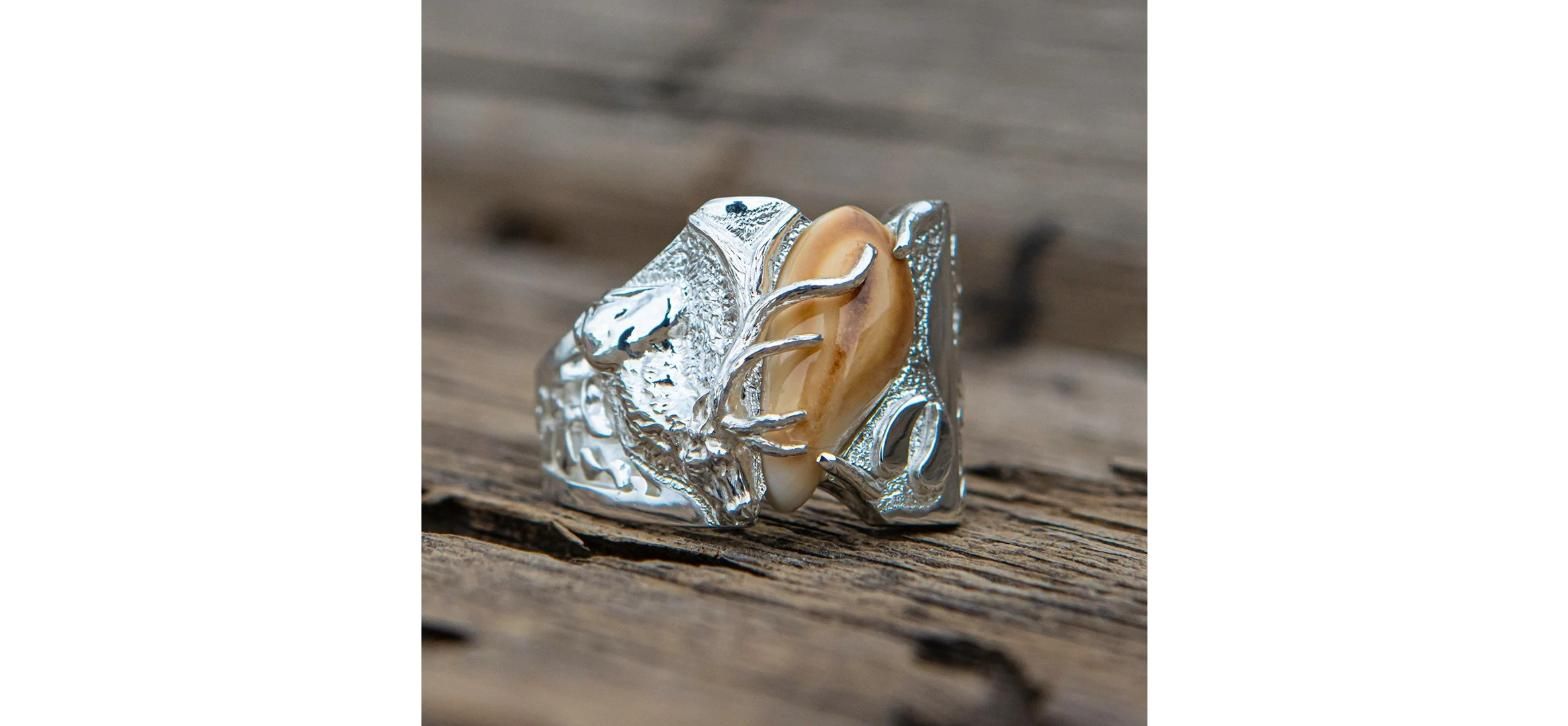 Sterling Silver Royal Nugget Elk Ivory Ring - Bugling Bull Elk, Custom Made