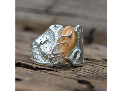 Sterling Silver Royal Nugget Elk Ivory Ring - Bugling Bull Elk, Custom Made