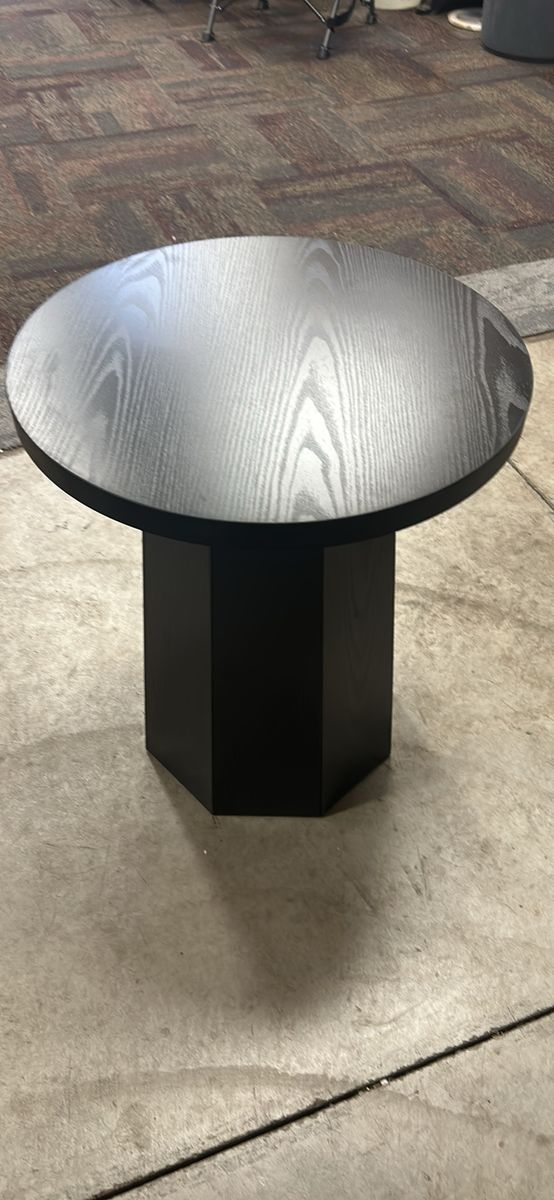 Modern Black Wooden Round Accent Table with Hexagonal Pedestal Base