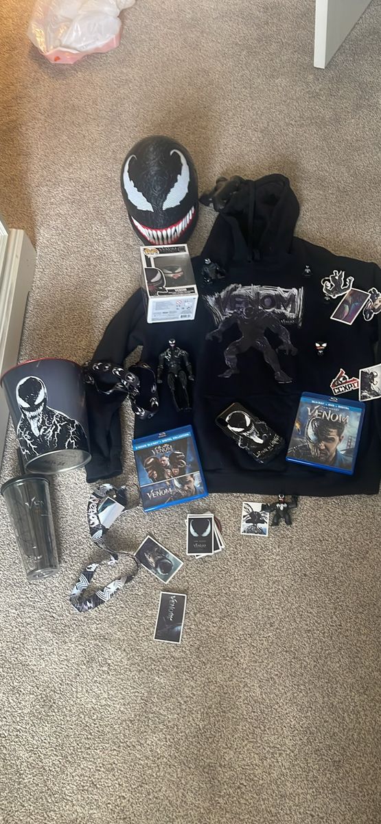 Venom Movie Merchandise Lot: Mask, Hoodie, Blu-rays, Collectibles, & More