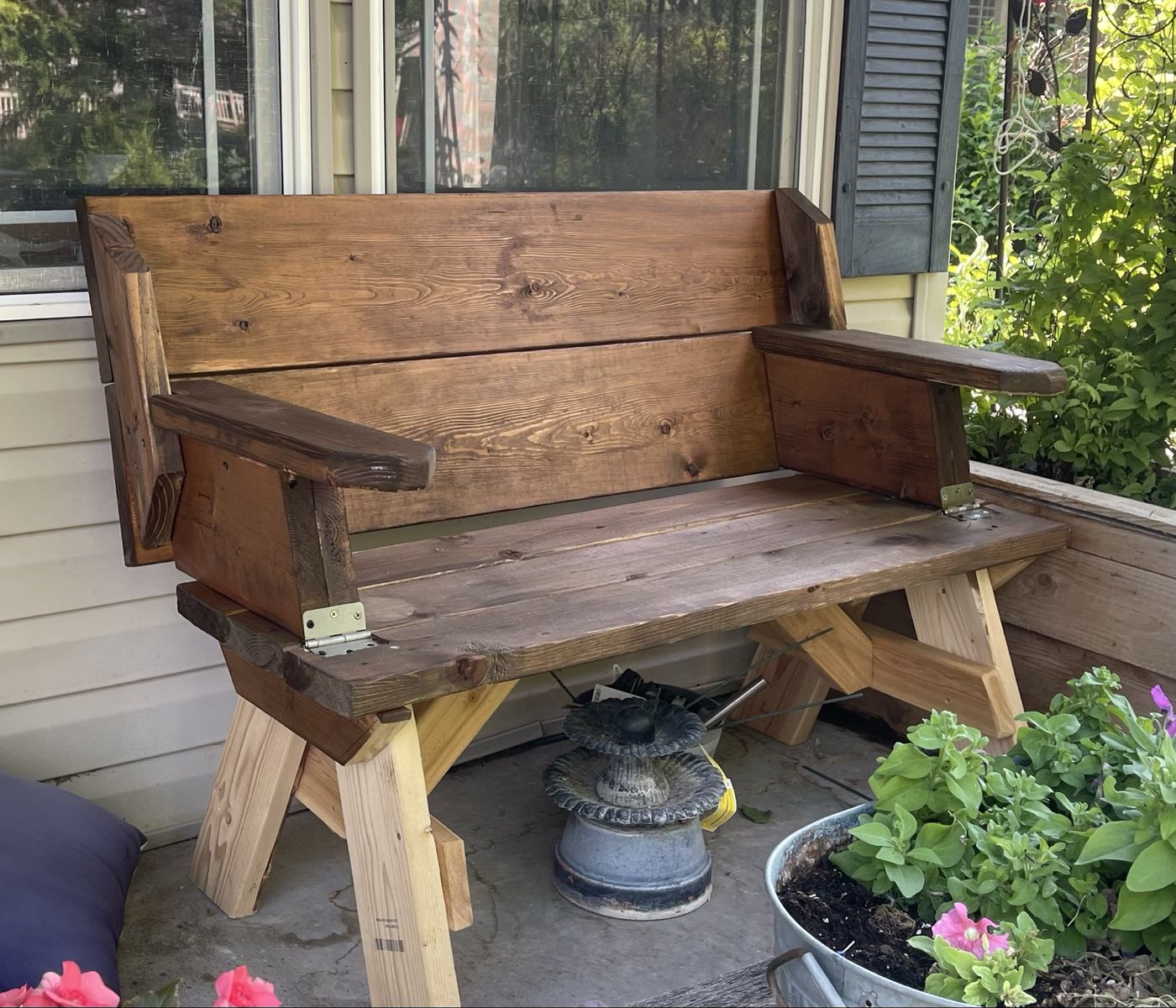 Handcrafted Wooden Convertible Bench to Picnic Table