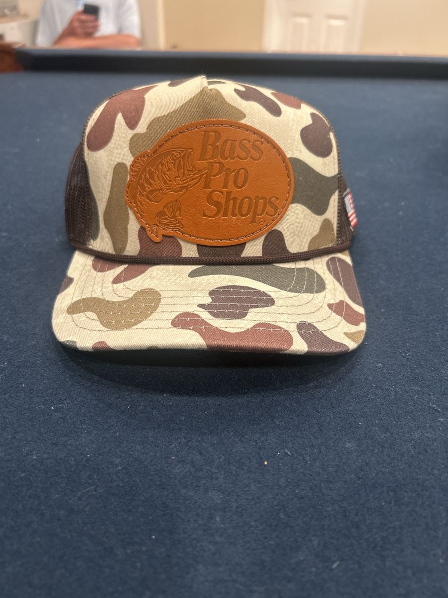 Bass Pro Shops Camo Trucker Hat with Leather Patch & American Flag Detail - Adjustable One Size